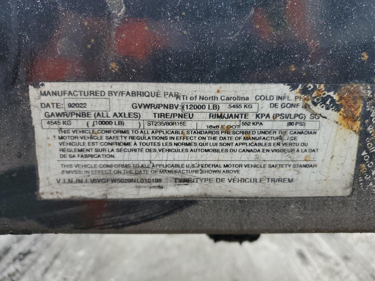 2022 Kaufman Car Carrier VIN: 5VGFW5029NL010198 Lot: 80307055