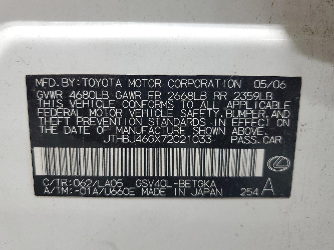 2007 Lexus Es 350 VIN: JTHBJ46GX72021033 Lot: 81728455