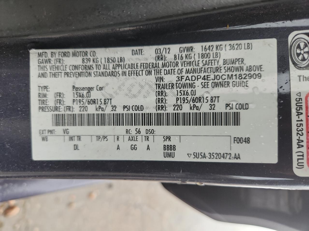 2012 Ford Fiesta Se VIN: 3FADP4EJ0CM182909 Lot: 80013885