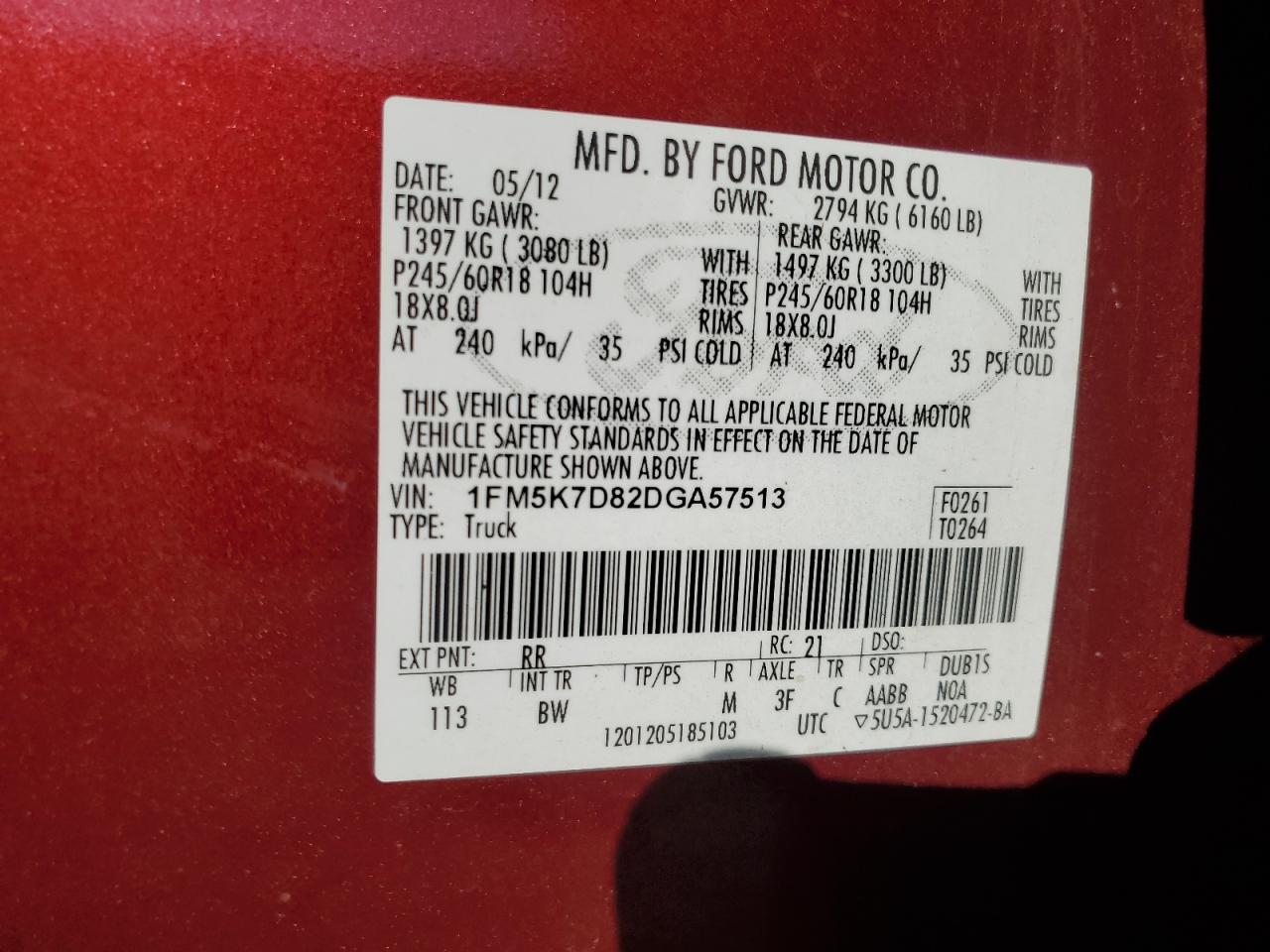 2013 Ford Explorer Xlt VIN: 1FM5K7D82DGA57513 Lot: 81050805