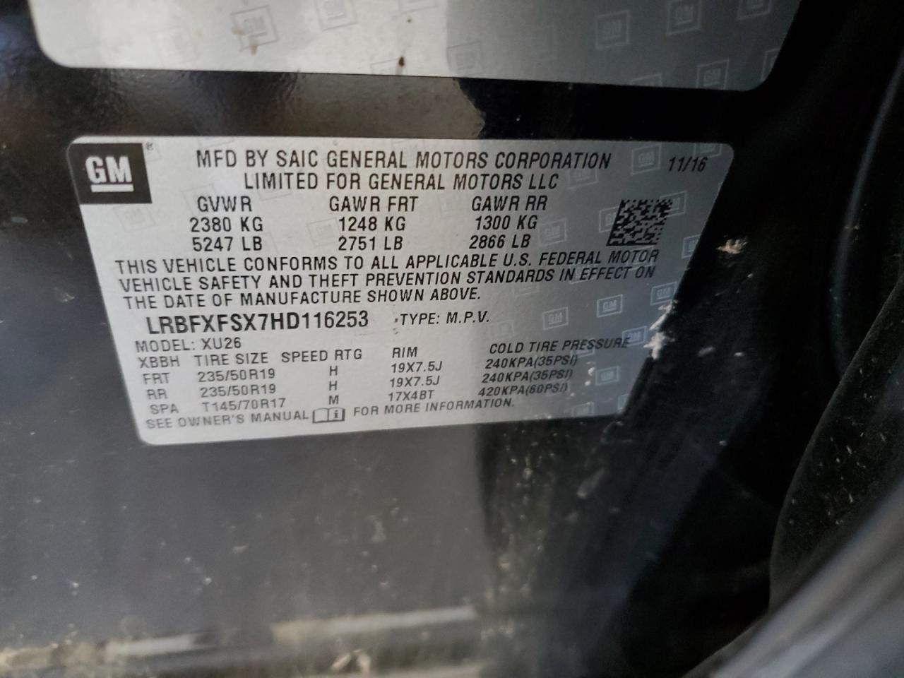 2017 Buick Envision Premium Ii VIN: LRBFXFSX7HD116253 Lot: 84602255