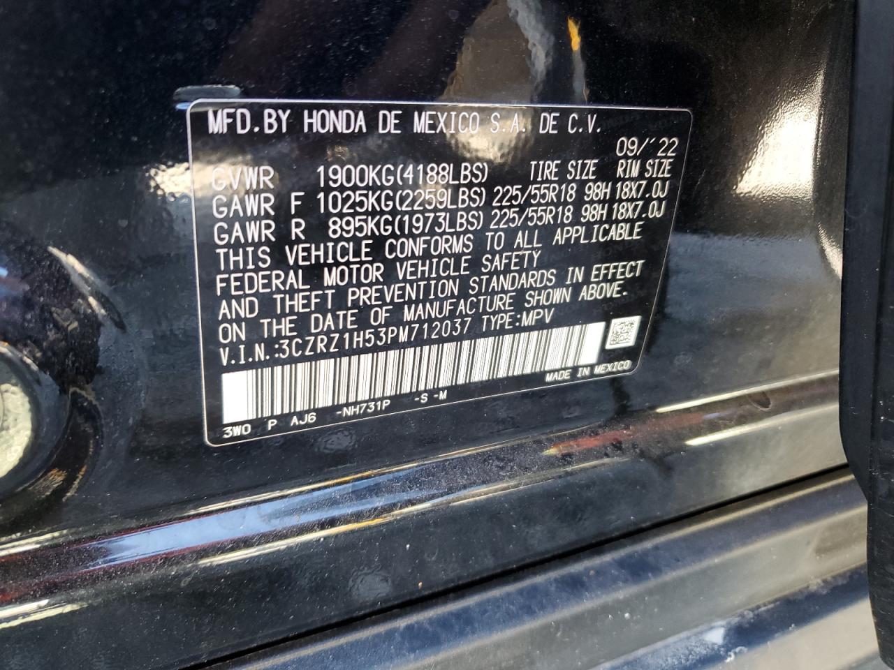 2023 Honda Hr-V Sport VIN: 3CZRZ1H53PM712037 Lot: 82147595