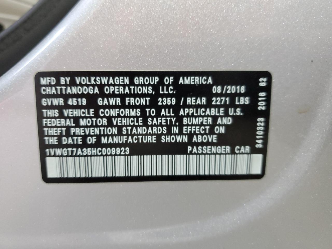 2017 Volkswagen Passat Se VIN: 1VWGT7A35HC009923 Lot: 70689475