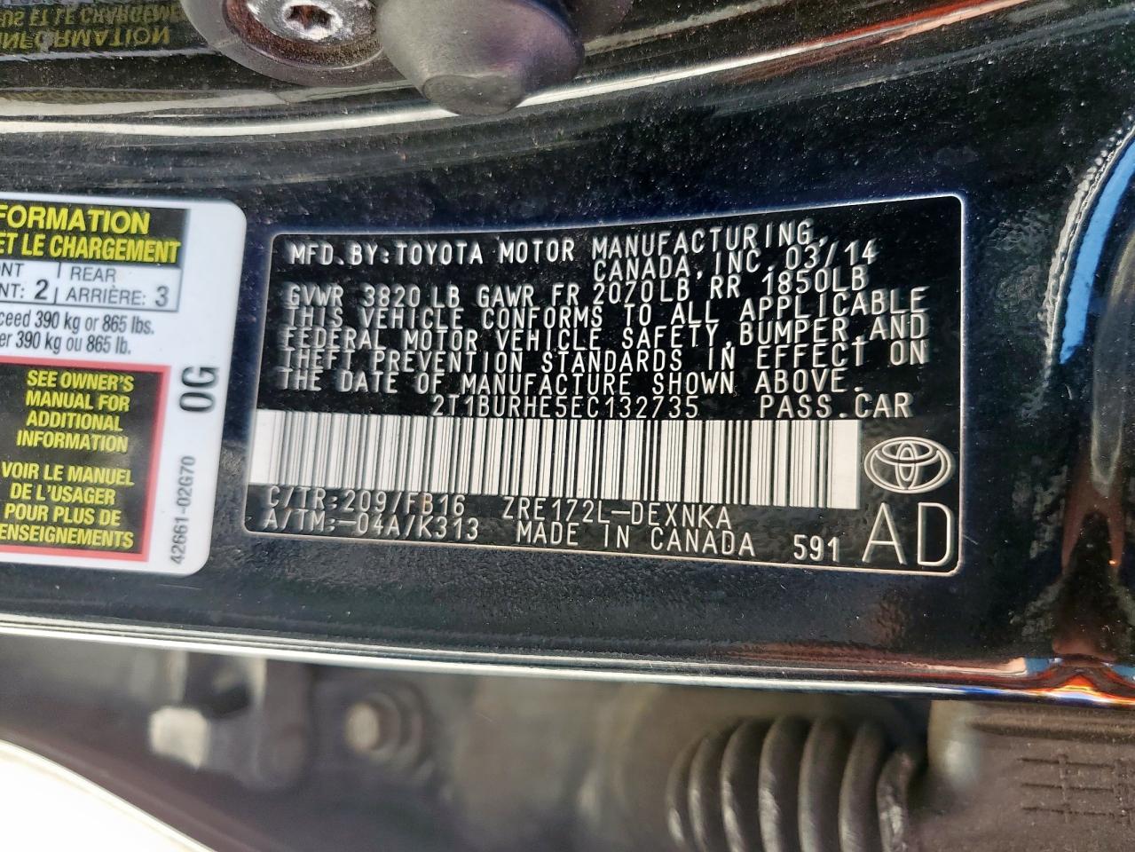 2014 Toyota Corolla L VIN: 2T1BURHE5EC132735 Lot: 84464305