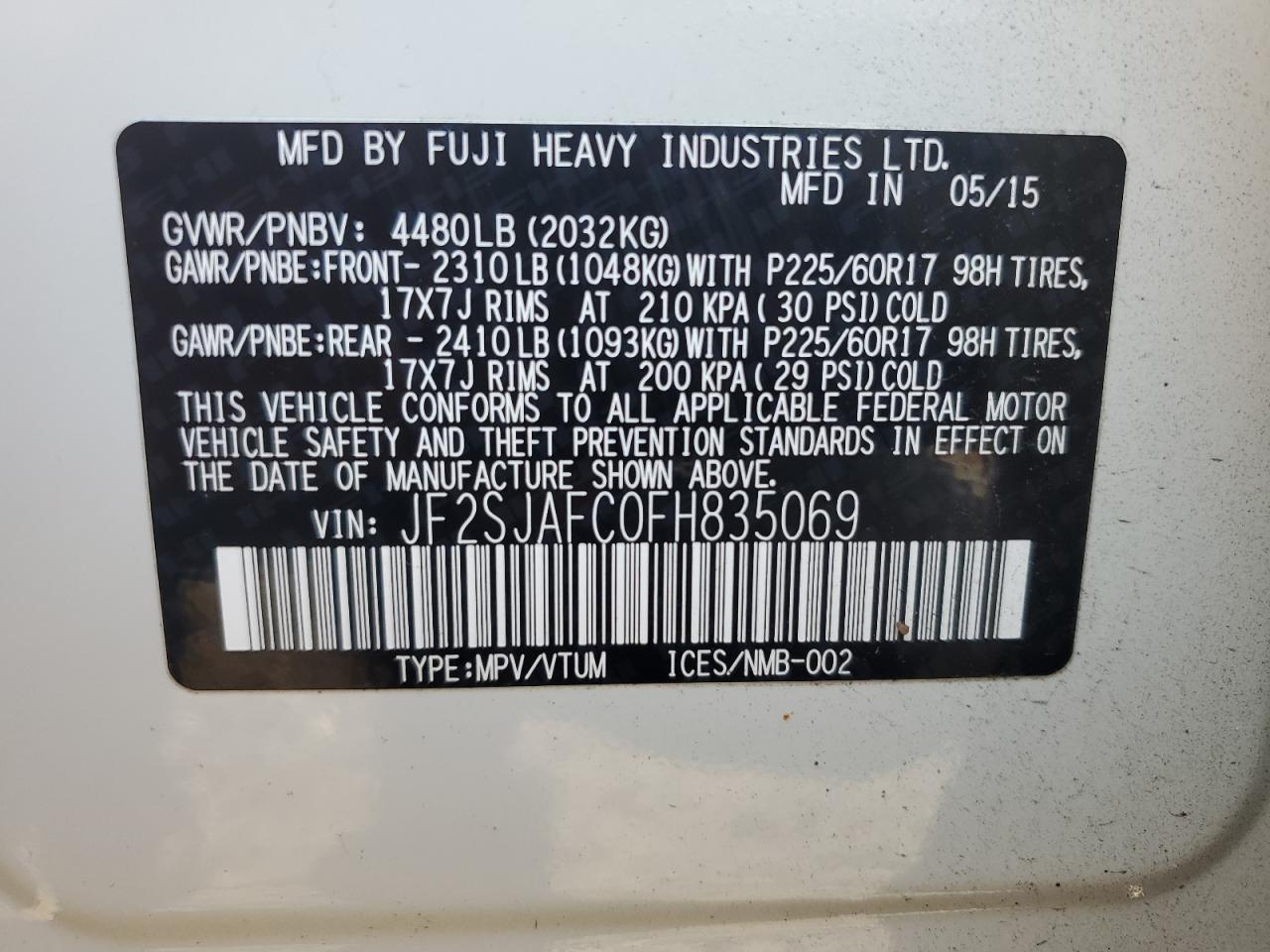 2015 Subaru Forester 2.5I Premium VIN: JF2SJAFC0FH835069 Lot: 81472115