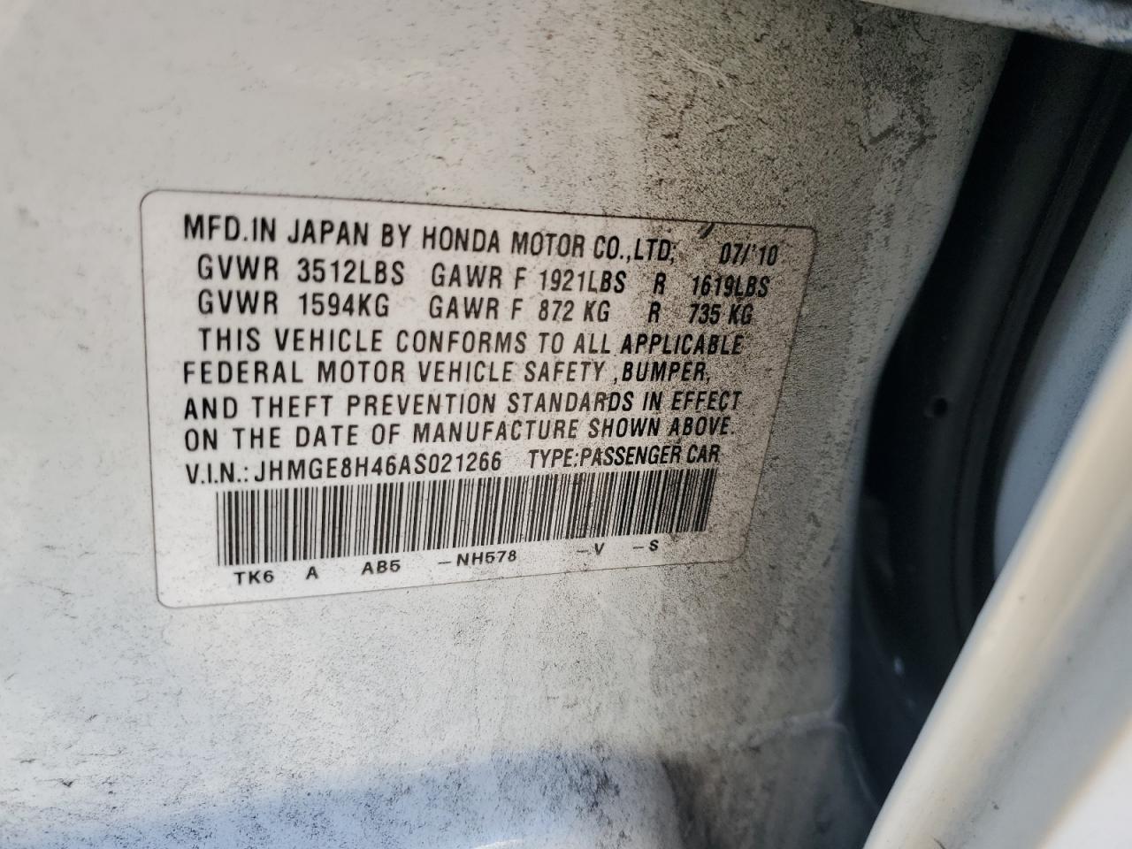 2010 Honda Fit Sport VIN: JHMGE8H46AS021266 Lot: 84000905