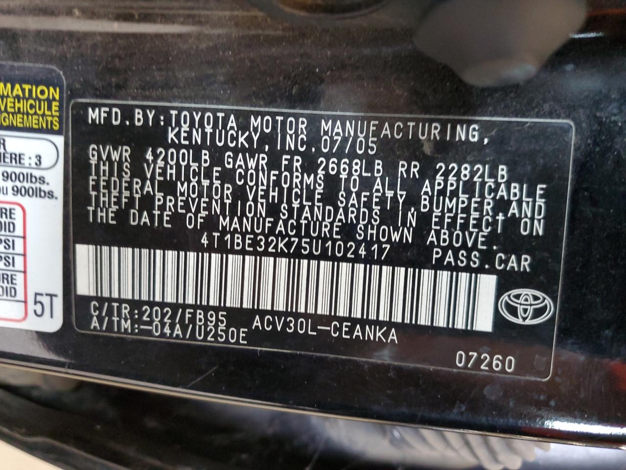 2005 Toyota Camry Le VIN: 4T1BE32K75U102417 Lot: 71491305