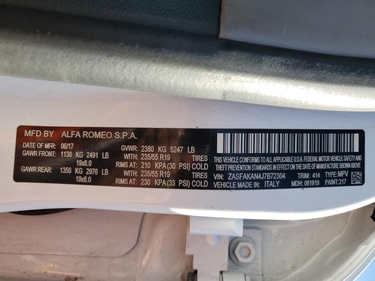 2018 Alfa Romeo Stelvio VIN: ZASFAKAN4J7B72304 Lot: 80493855