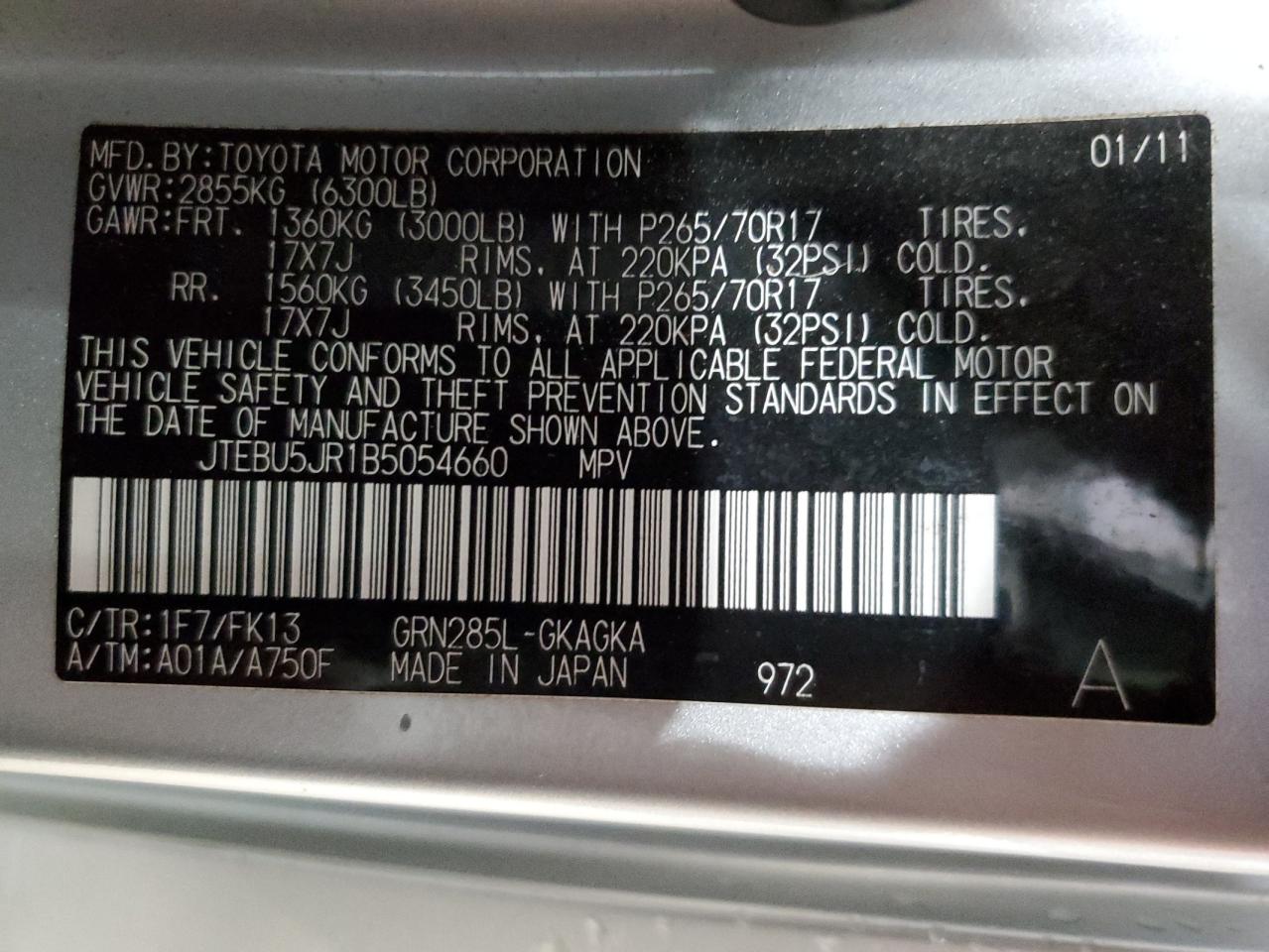 2011 Toyota 4Runner Sr5 VIN: JTEBU5JR1B5054660 Lot: 80096895