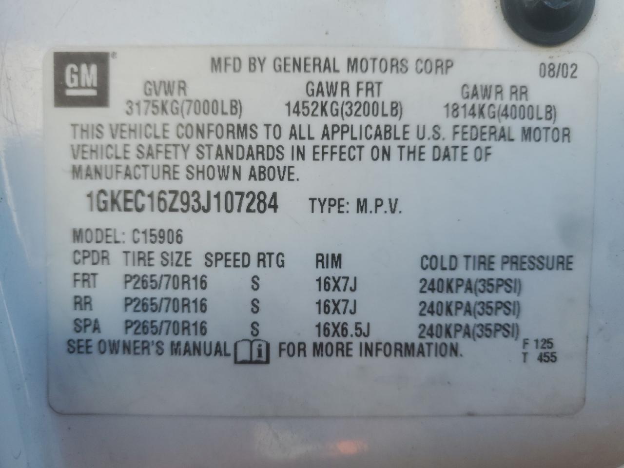 2003 GMC Yukon Xl C1500 VIN: 1GKEC16Z93J107284 Lot: 80871955