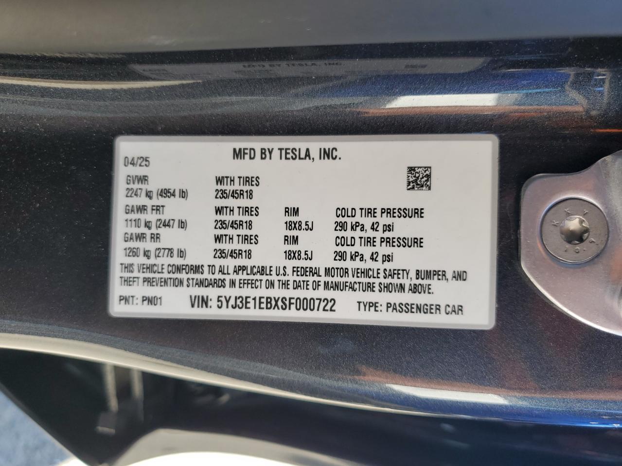2025 Tesla Model 3 VIN: 5YJ3E1EBXSF000722 Lot: 71644585
