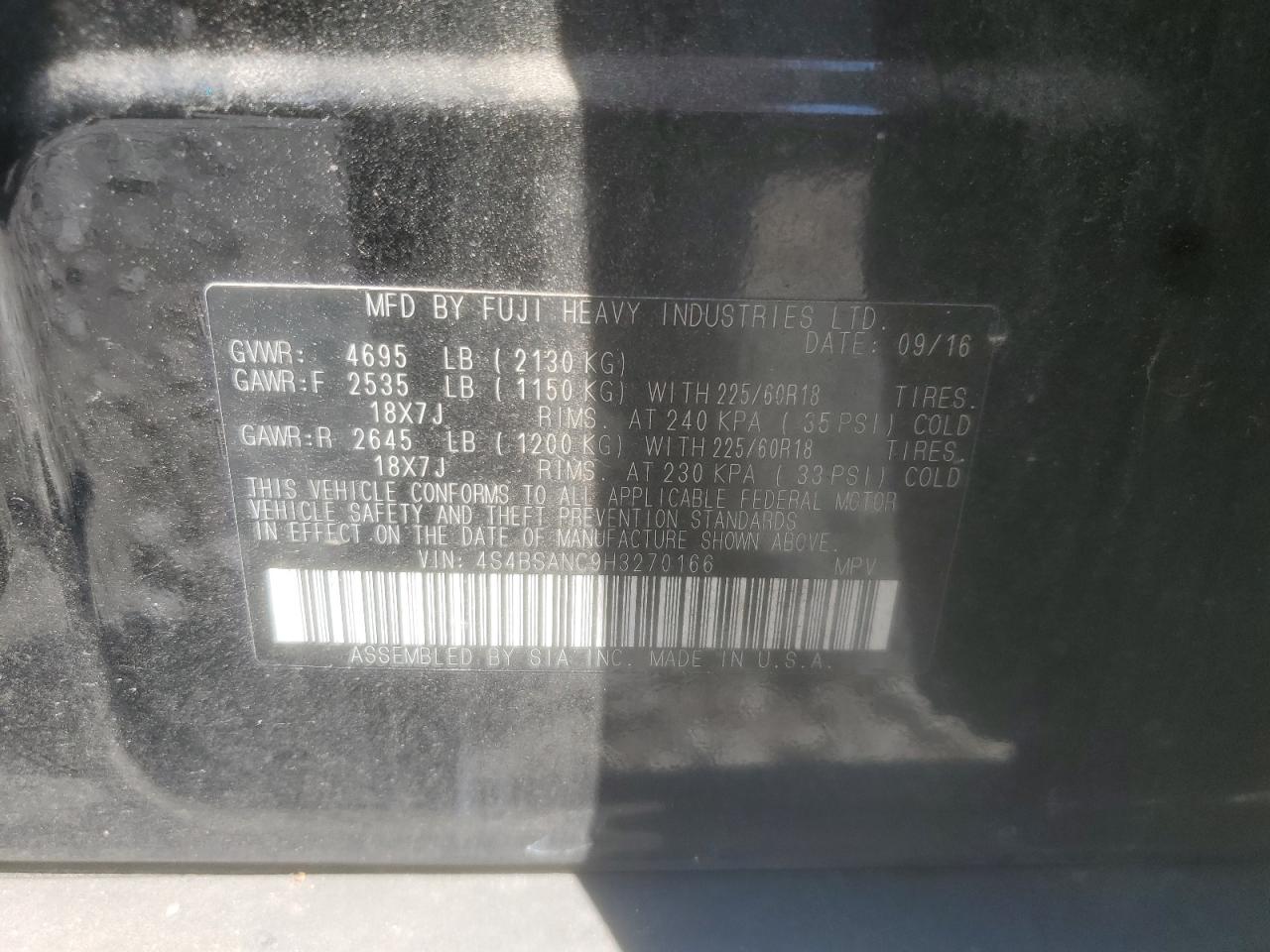 2017 Subaru Outback 2.5I Limited VIN: 4S4BSANC9H3270166 Lot: 80311265