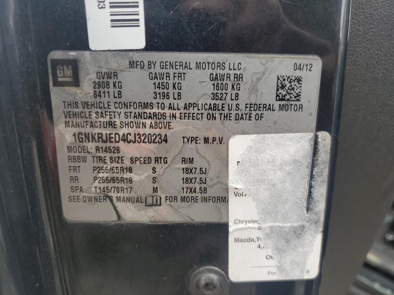 2012 Chevrolet Traverse Lt VIN: 1GNKRJED4CJ320234 Lot: 81734725