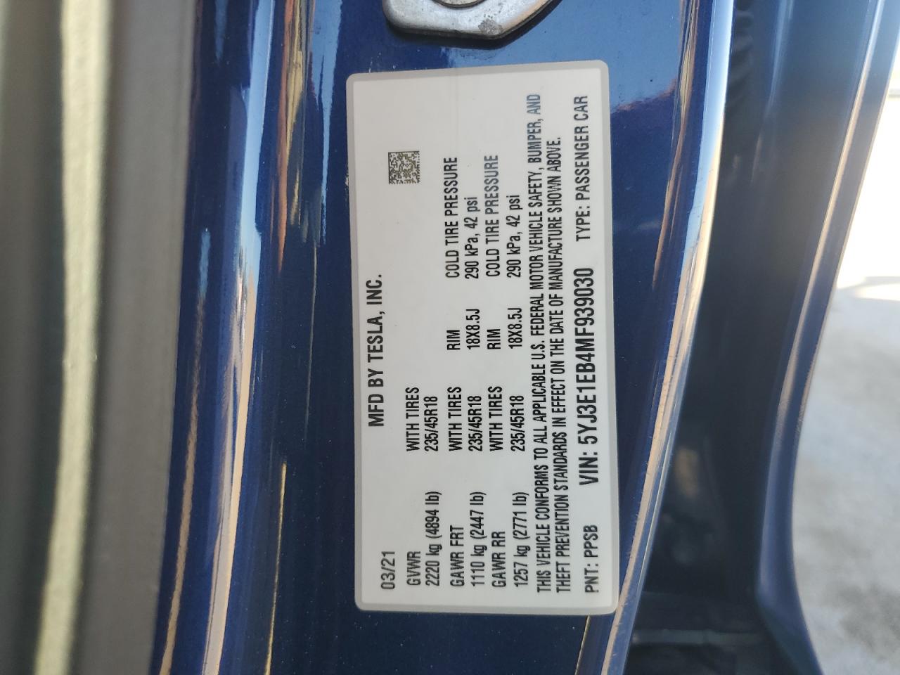 2021 Tesla Model 3 VIN: 5YJ3E1EB4MF939030 Lot: 81184035