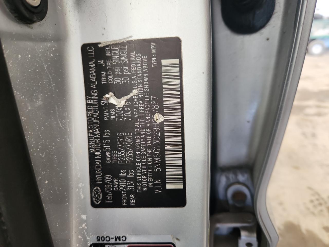 2009 Hyundai Santa Fe Gls VIN: 5NMSG13D29H267887 Lot: 84808475