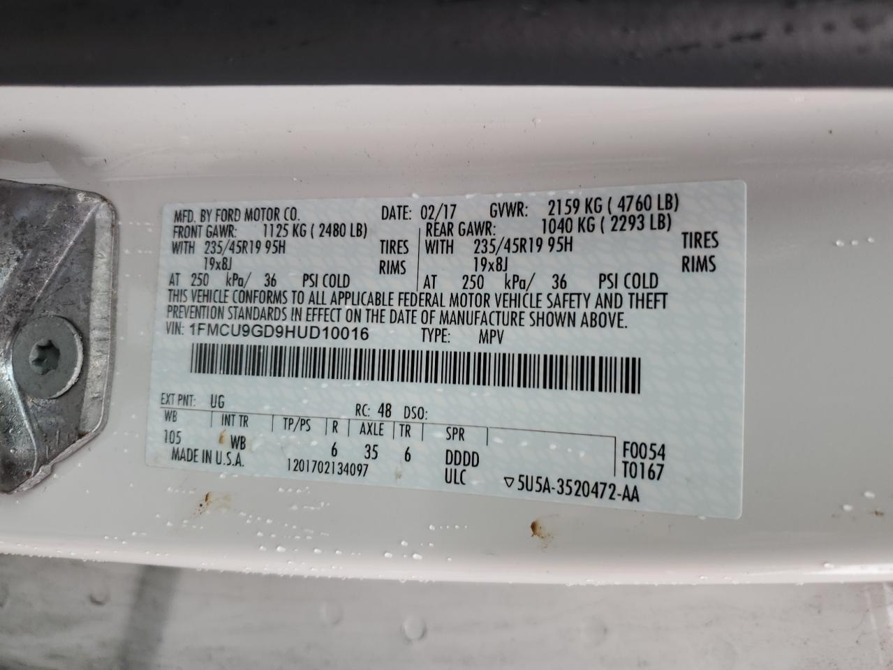 2017 Ford Escape Se VIN: 1FMCU9GD9HUD10016 Lot: 84028205