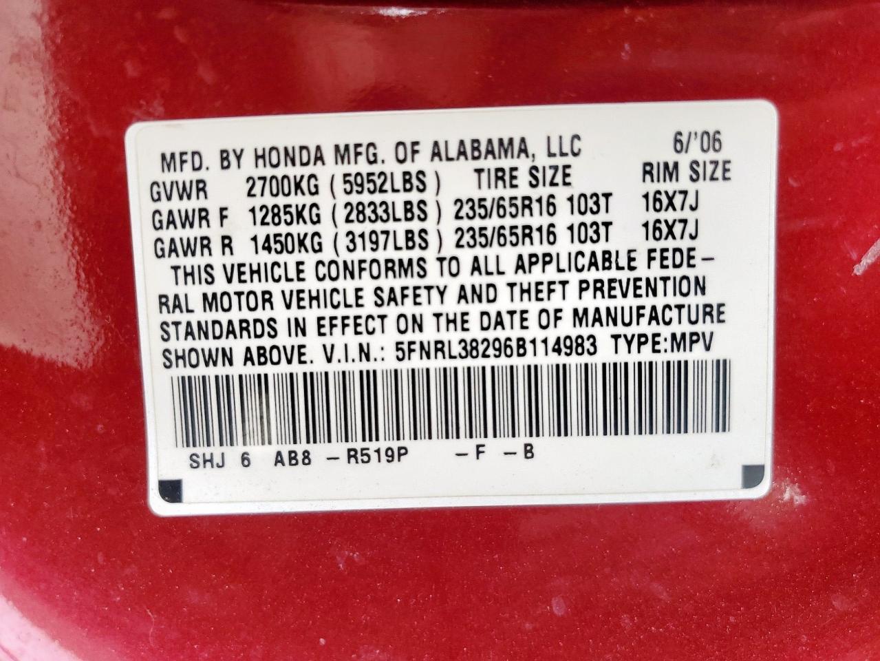 2006 Honda Odyssey Lx VIN: 5FNRL38296B114983 Lot: 83996935