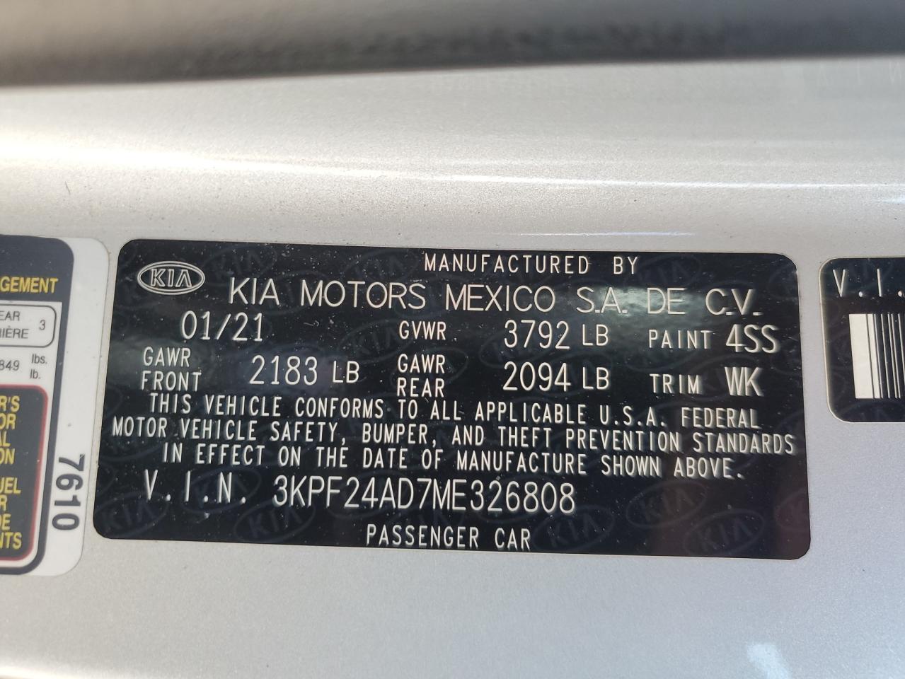 2021 Kia Forte Fe VIN: 3KPF24AD7ME326808 Lot: 81529725