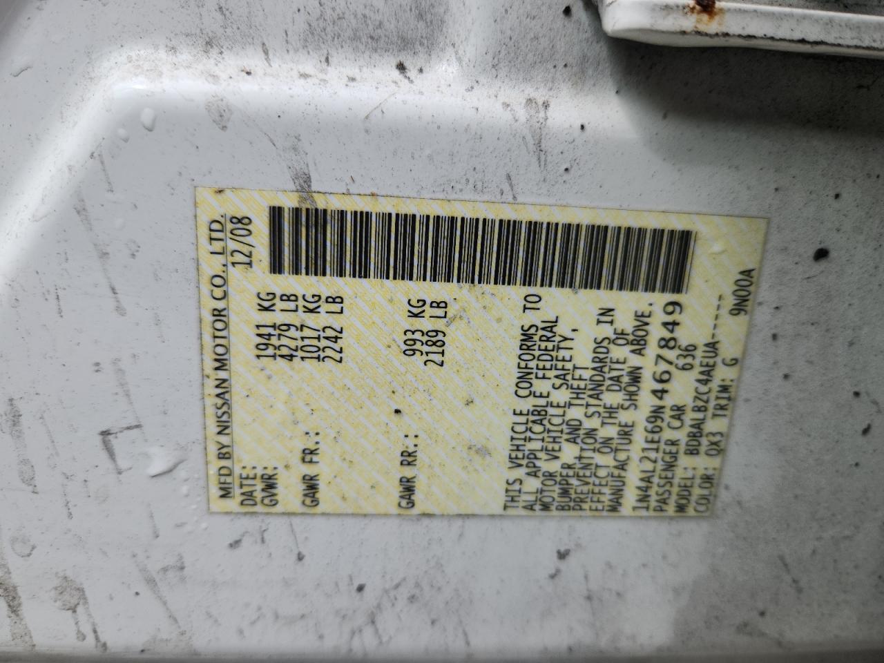 2009 Nissan Altima 2.5 VIN: 1N4AL21E69N467849 Lot: 80574255