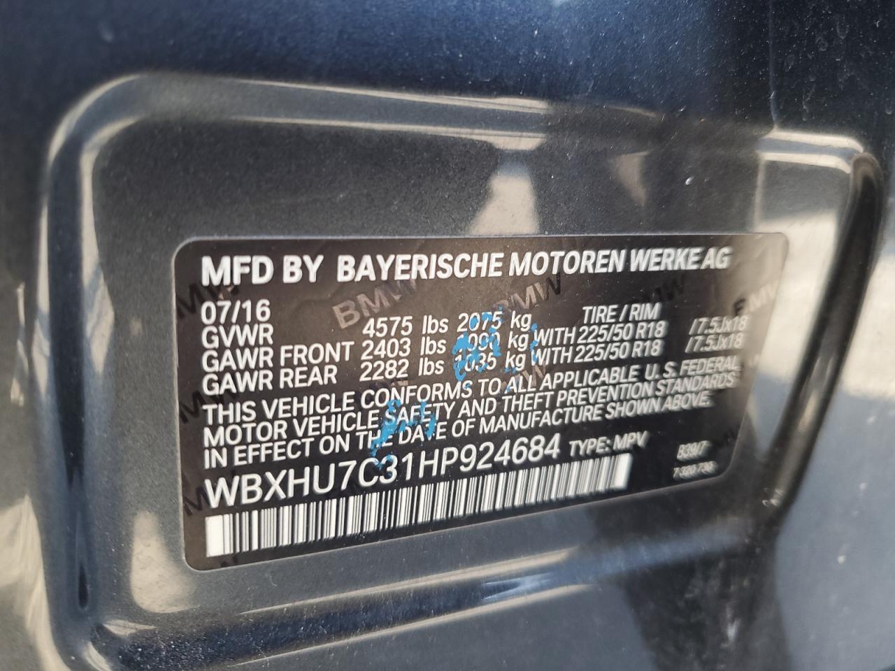 2017 BMW X1 Sdrive28I VIN: WBXHU7C31HP924684 Lot: 80860365