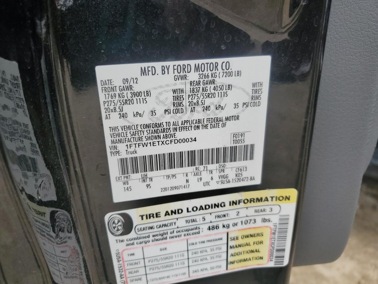 2012 Ford F150 Supercrew VIN: 1FTFW1ETXCFD00034 Lot: 70357365