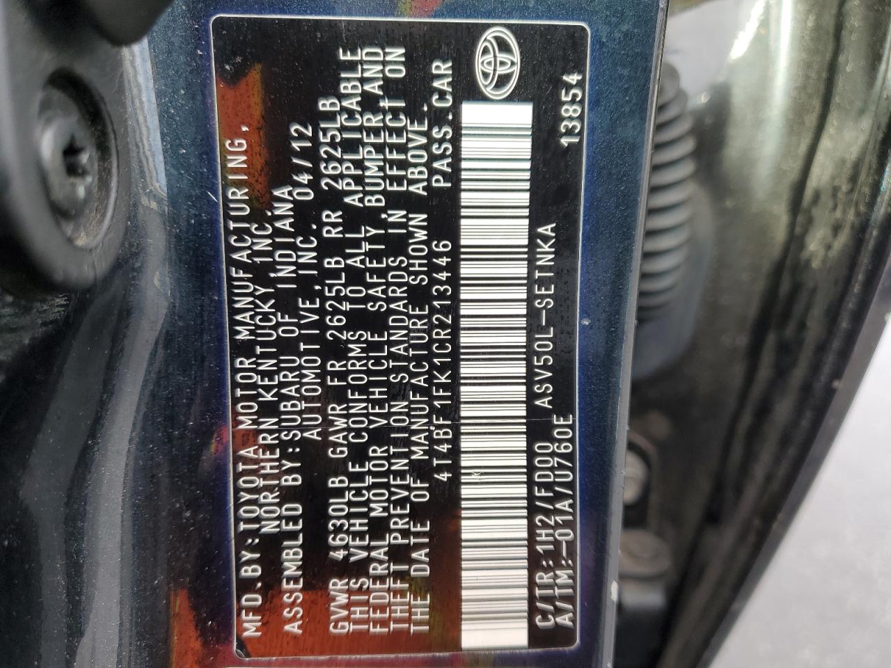 2012 Toyota Camry Base VIN: 4T4BF1FK1CR213446 Lot: 82040455