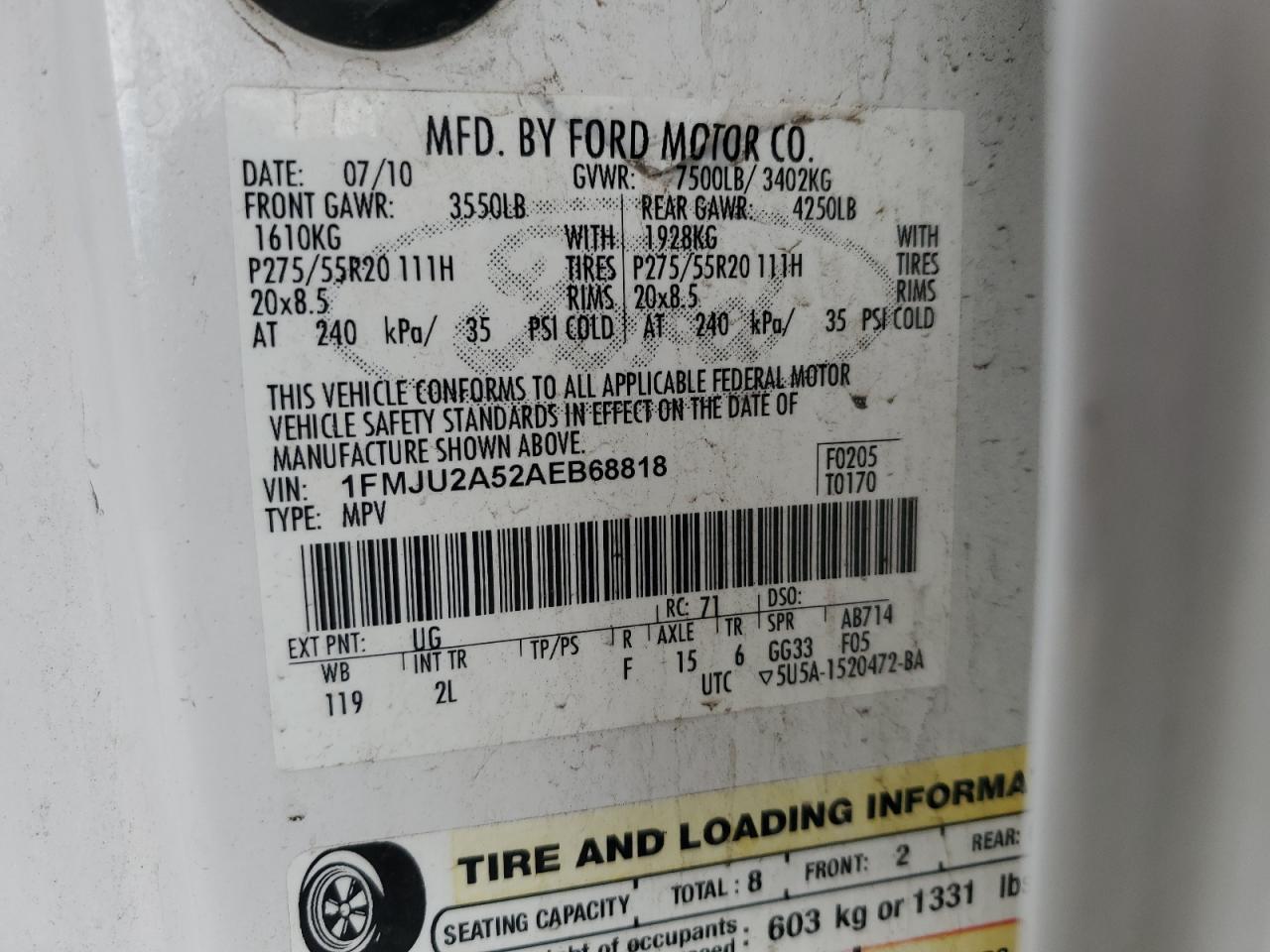 2010 Ford Expedition Limited VIN: 1FMJU2A52AEB68818 Lot: 84247095