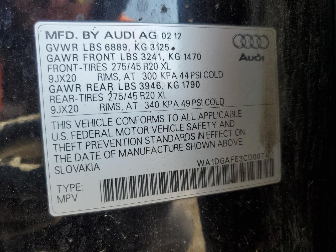 2012 Audi Q7 Prestige VIN: WA1DGAFE3CD007411 Lot: 81373765