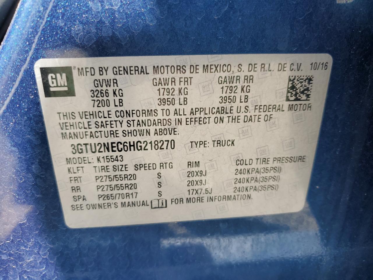 2017 GMC Sierra K1500 Slt VIN: 3GTU2NEC6HG218270 Lot: 71946935