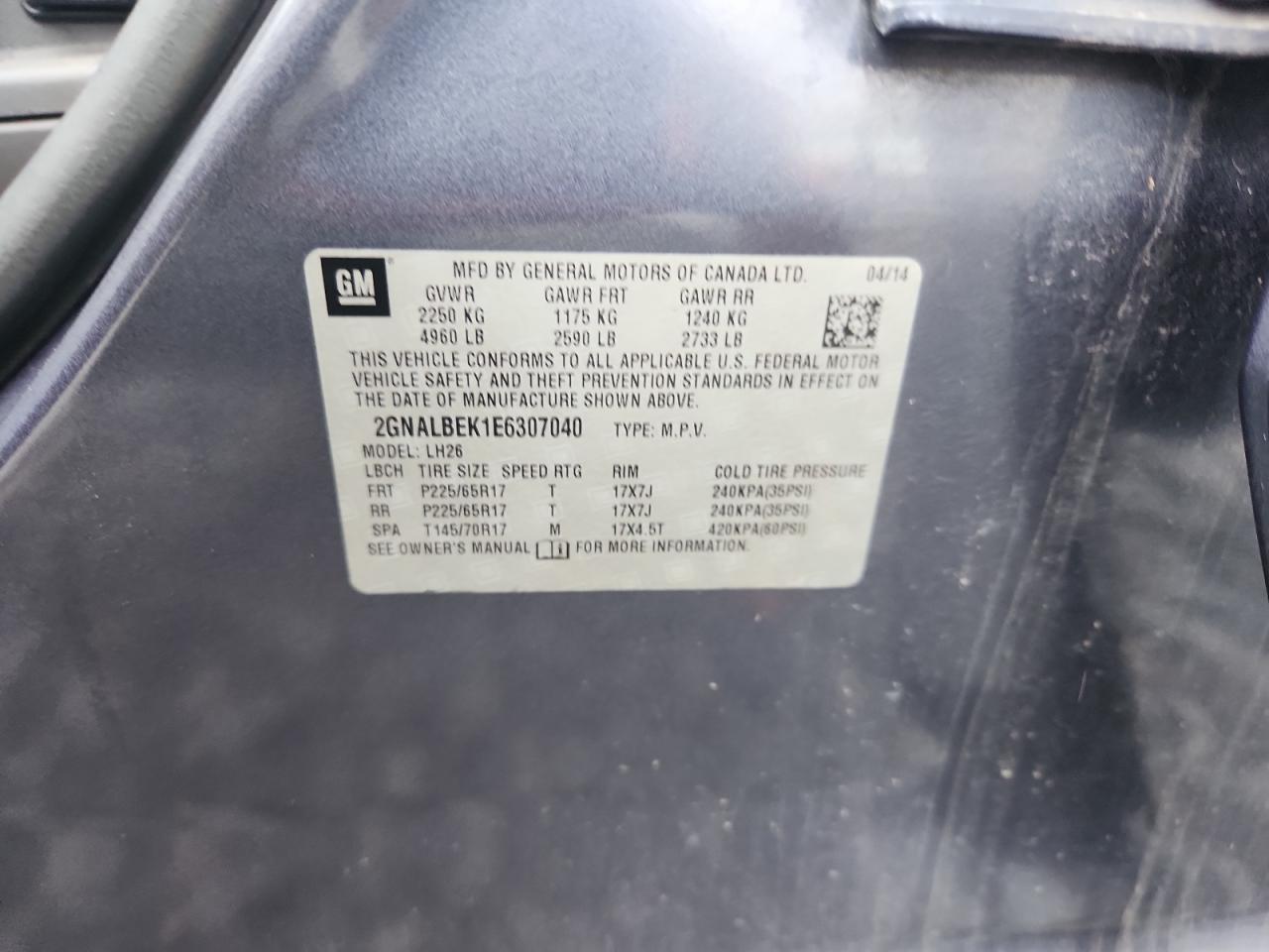 2014 Chevrolet Equinox Lt VIN: 2GNALBEK1E6307040 Lot: 82083915