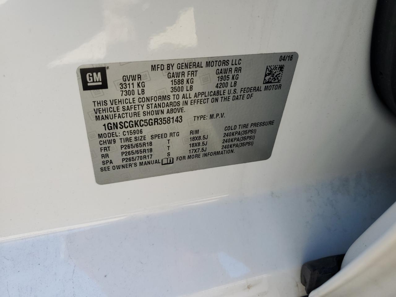 2016 Chevrolet Suburban C1500 Ls VIN: 1GNSCGKC5GR358143 Lot: 83809675