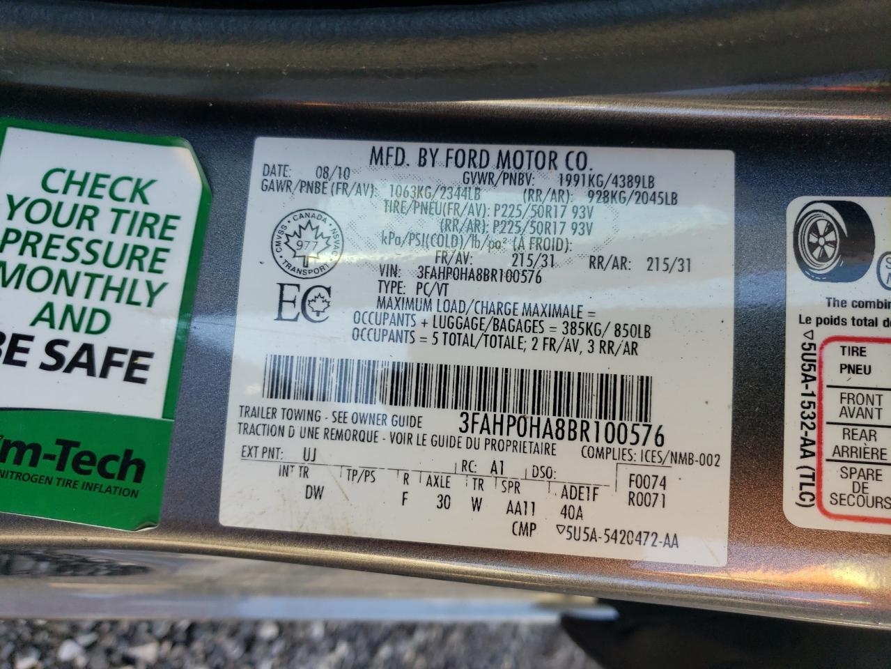 2011 Ford Fusion Se VIN: 3FAHP0HA8BR100576 Lot: 82094975