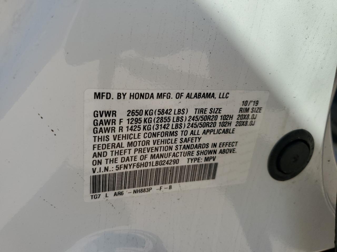 2020 Honda Pilot Elite VIN: 5FNYF6H01LB024290 Lot: 80834565