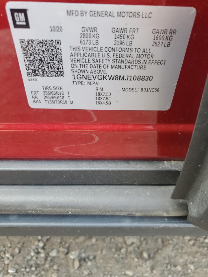 2021 Chevrolet Traverse Lt VIN: 1GNEVGKW8MJ108830 Lot: 72057905