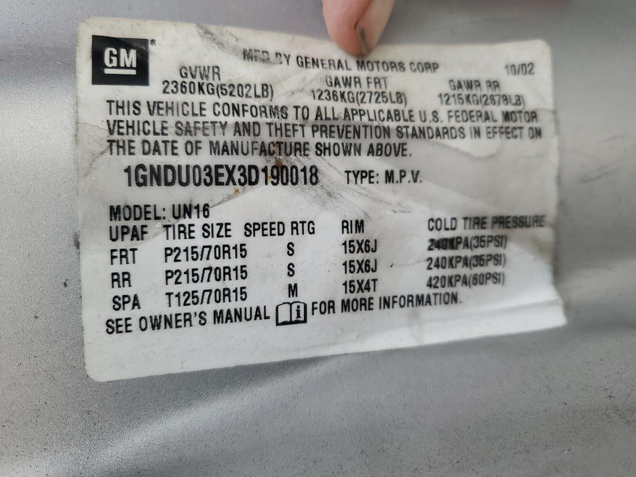 2003 Chevrolet Venture VIN: 1GNDU03EX3D190018 Lot: 71804805