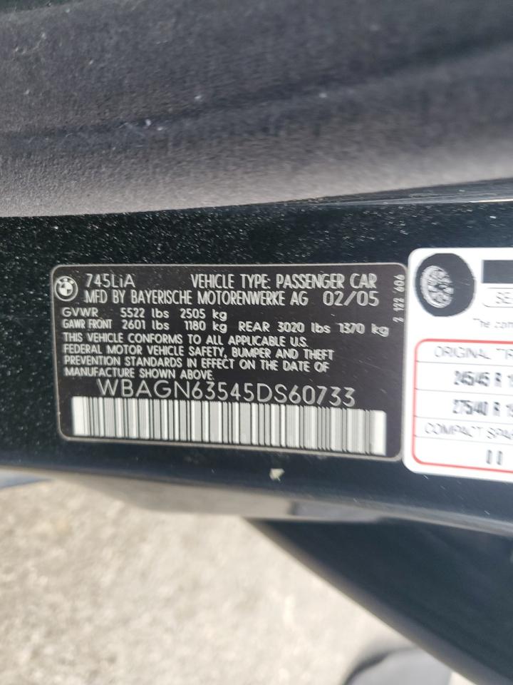 2005 BMW 745 Li VIN: WBAGN63545DS60733 Lot: 81403525