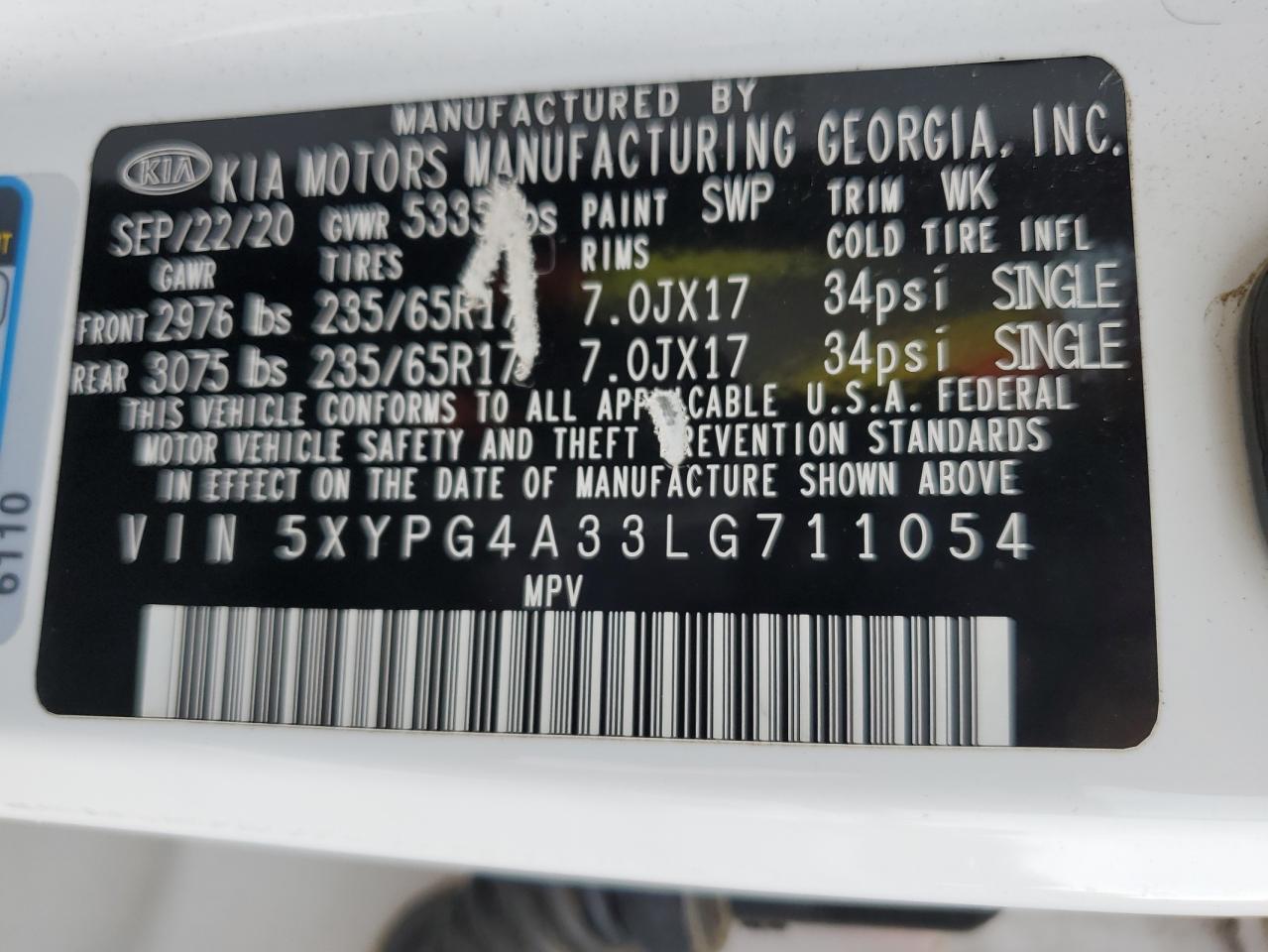 2020 Kia Sorento L VIN: 5XYPG4A33LG711054 Lot: 81516985