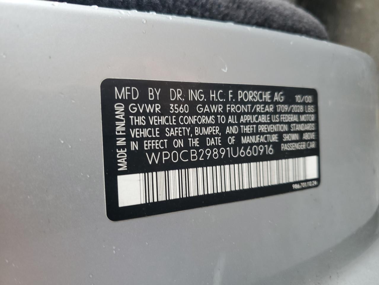 2001 Porsche Boxster S VIN: WP0CB29891U660916 Lot: 71456855