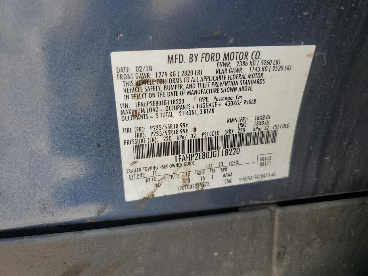 2018 Ford Taurus Sel VIN: 1FAHP2E80JG118220 Lot: 80811935