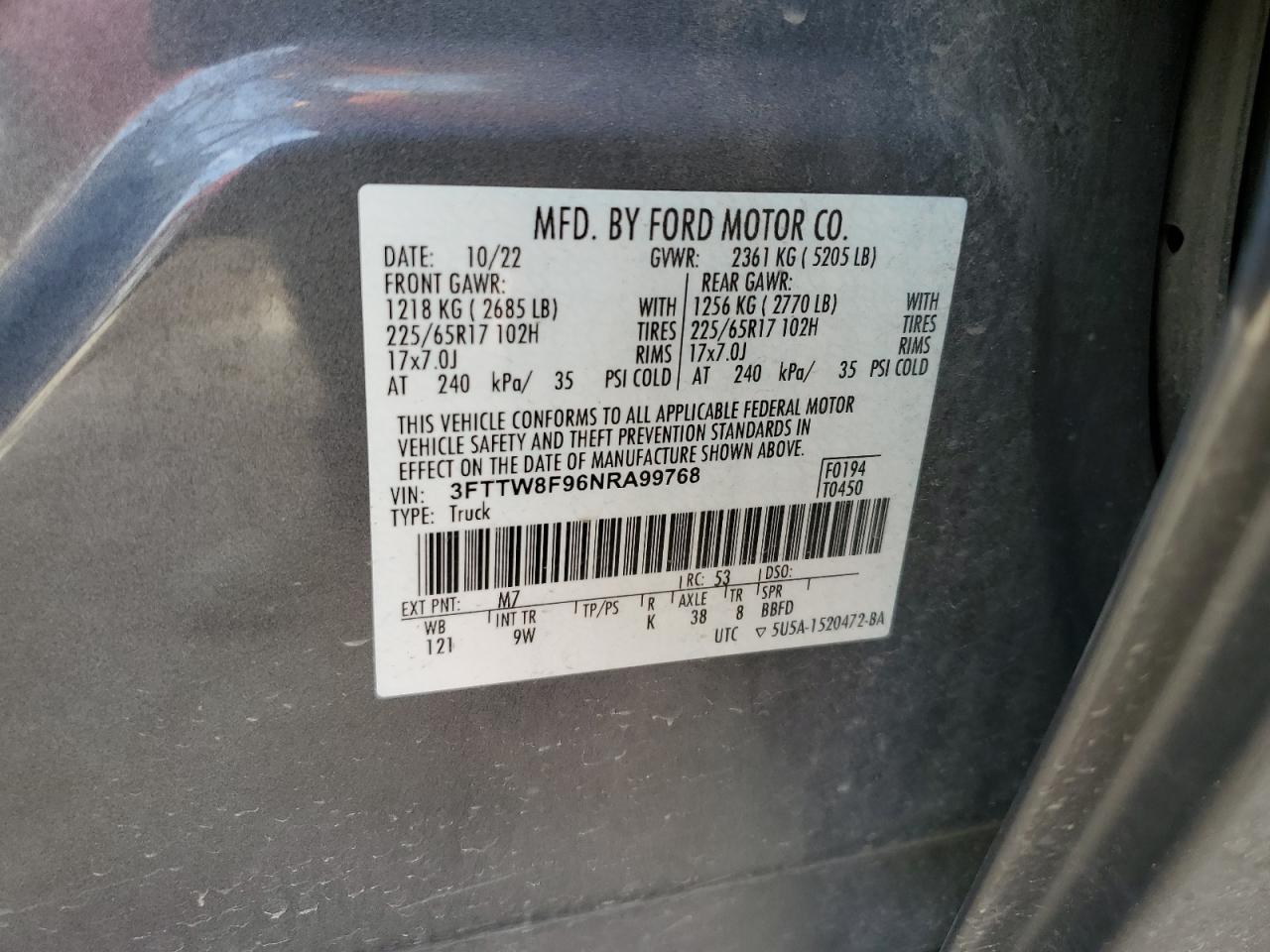 2022 Ford Maverick Xl VIN: 3FTTW8F96NRA99768 Lot: 81940355