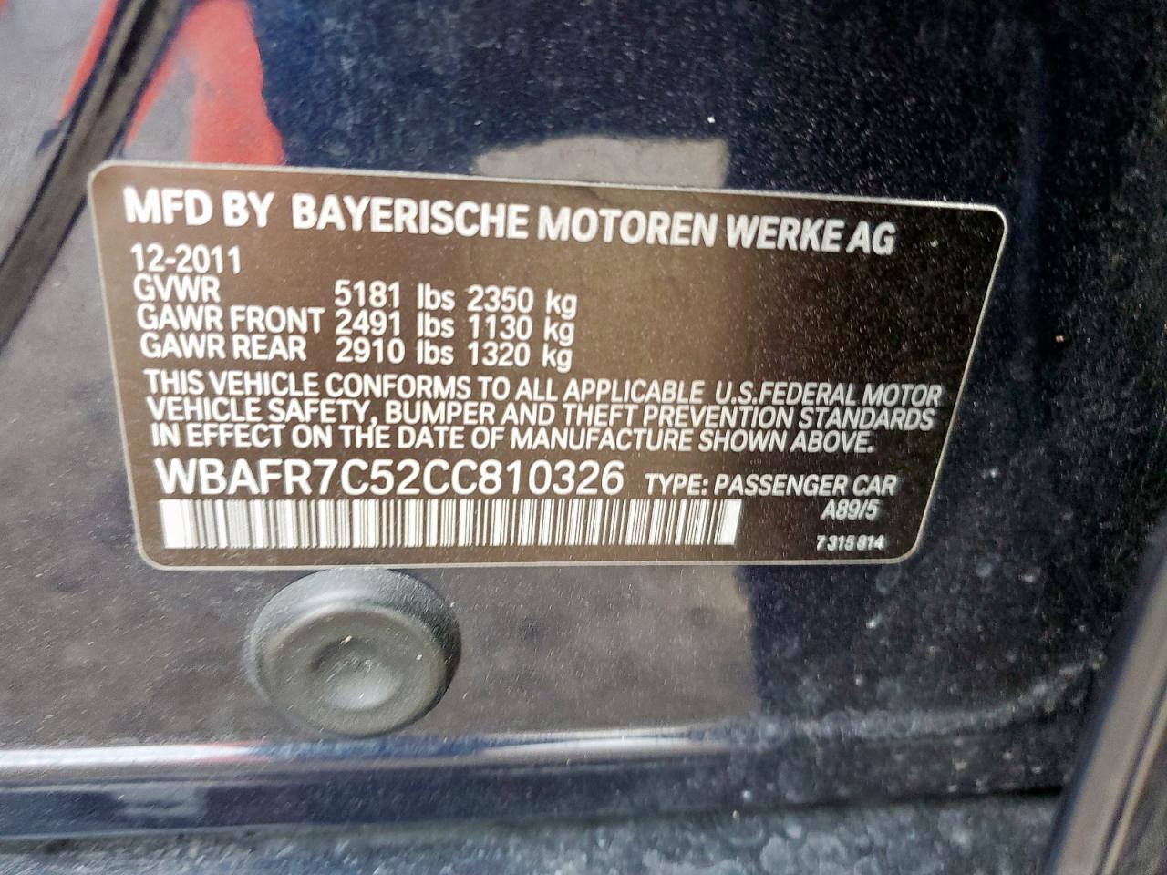 2012 BMW 535 I VIN: WBAFR7C52CC810326 Lot: 71732055