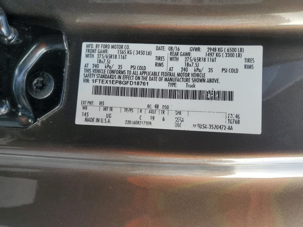 2016 Ford F150 Super Cab VIN: 1FTEX1EP8GFD18761 Lot: 80216175