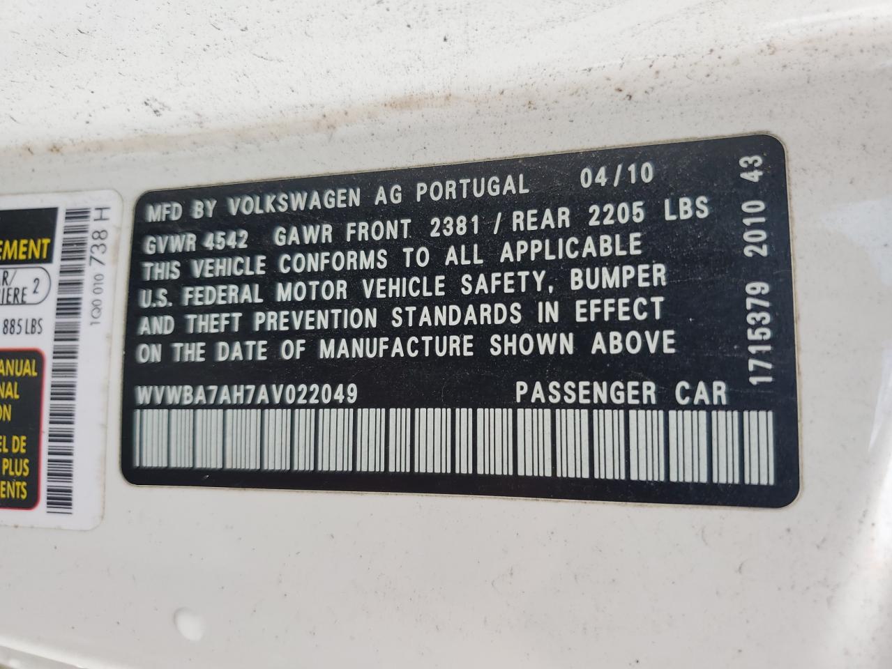 2010 Volkswagen Eos Turbo VIN: WVWBA7AH7AV022049 Lot: 81843335