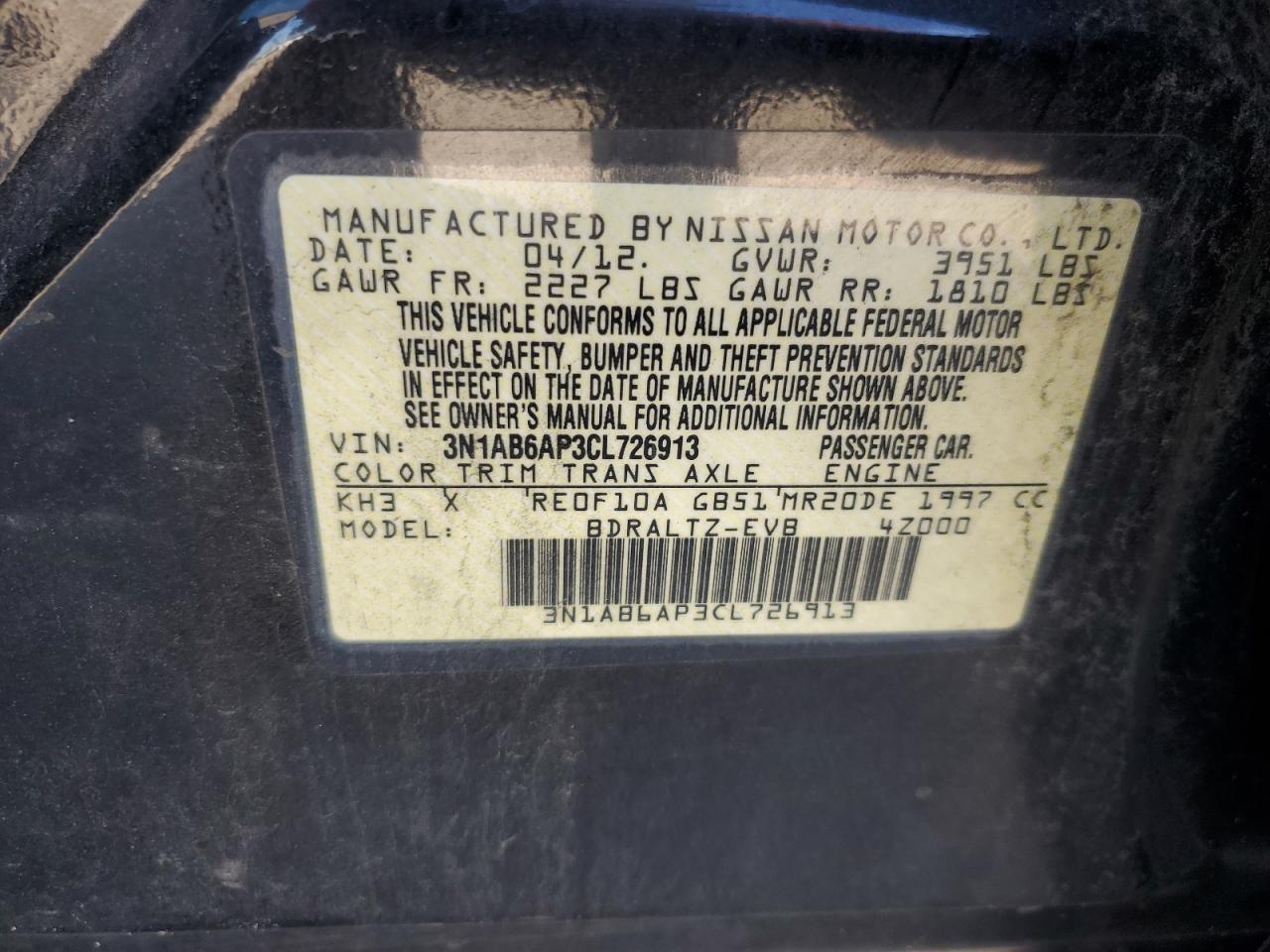 2012 Nissan Sentra 2.0 VIN: 3N1AB6AP3CL726913 Lot: 84021005