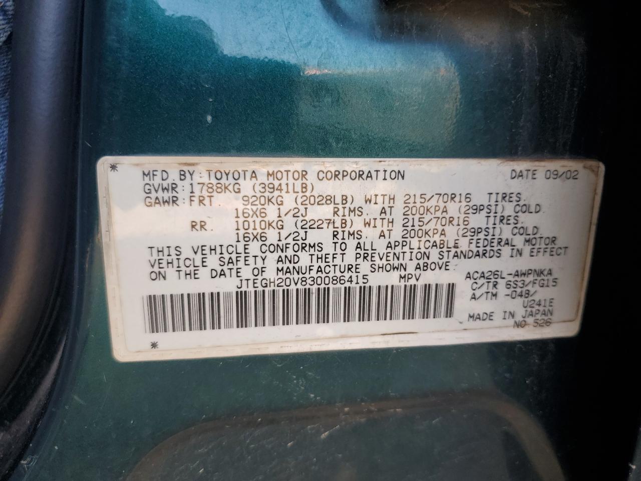 2003 Toyota Rav4 VIN: JTEGH20V830086415 Lot: 80817435