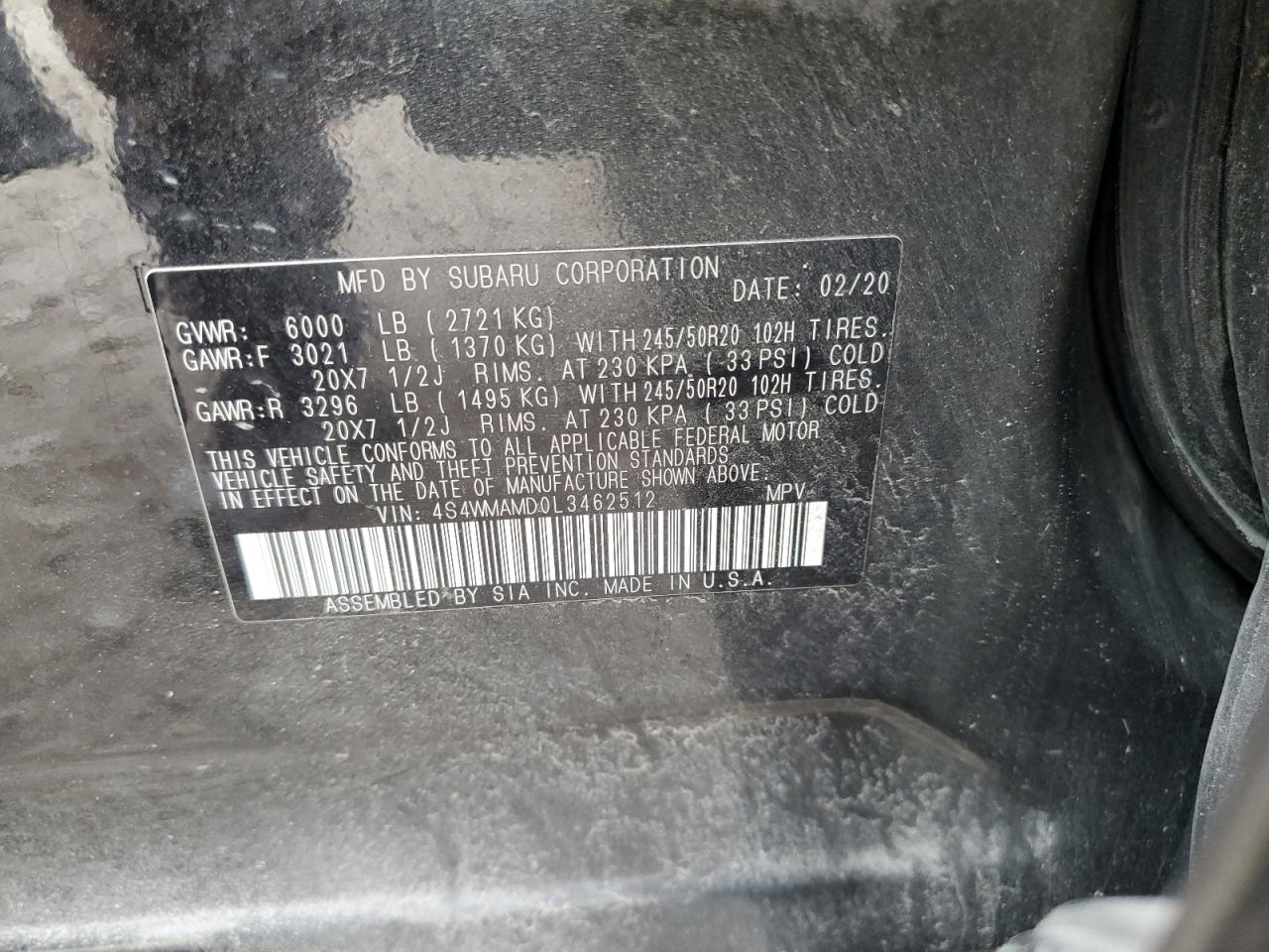 2020 Subaru Ascent Limited VIN: 4S4WMAMD0L3462512 Lot: 81673275