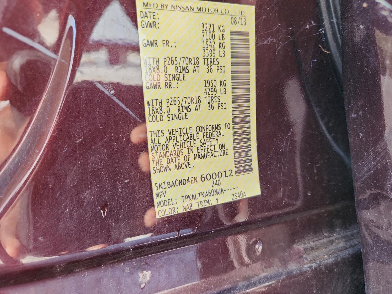 2014 Nissan Armada Sv VIN: 5N1BA0ND4EN600012 Lot: 71214725