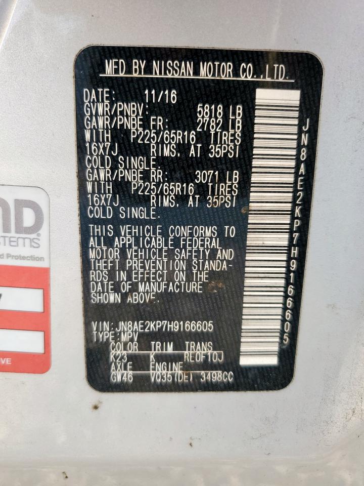 2017 Nissan Quest S VIN: JN8AE2KP7H9166605 Lot: 81396885