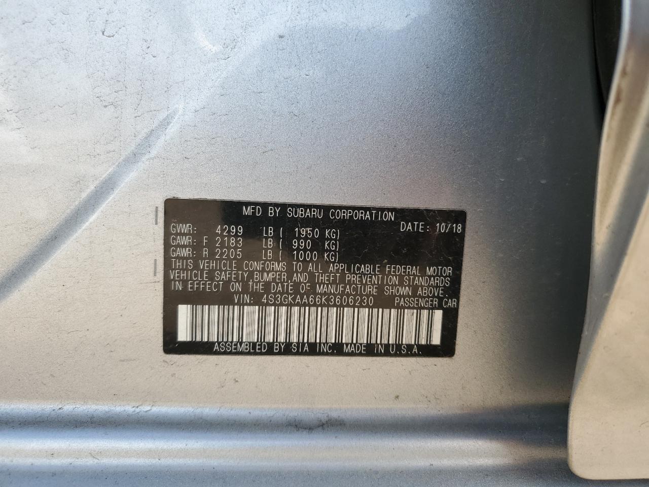 2019 Subaru Impreza VIN: 4S3GKAA66K3606230 Lot: 72102105