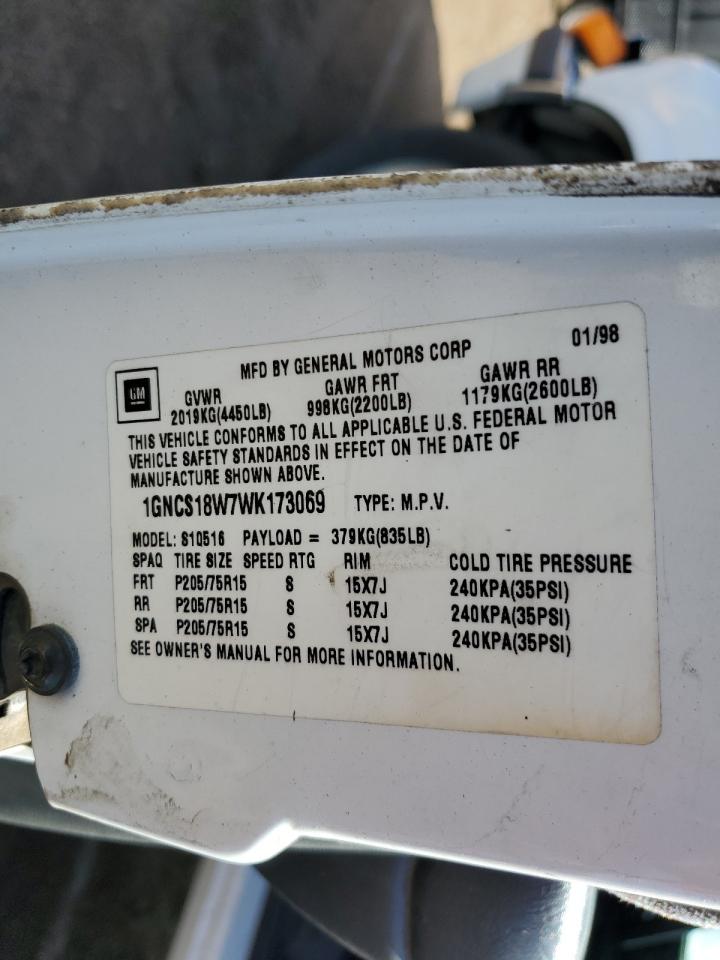 1998 Chevrolet Blazer VIN: 1GNCS18W7WK173069 Lot: 71709615